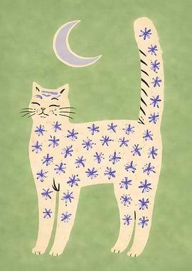 : Cute Cat Print | Floral Cat Wall Art | Cat Lover Gift | Green Boho Cat Poster | Whimsical Cat Moon Art