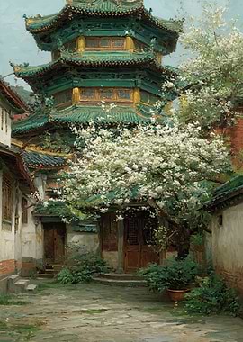 Pagoda Courtyard with Blooming Tree