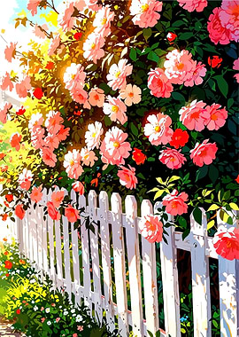 Pink roses blooming over a white picket fence