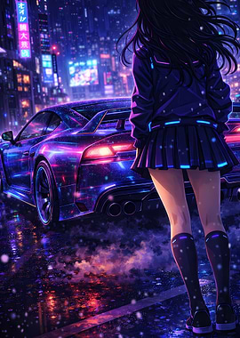 Cyberpunk Anime Girl and Sports Car