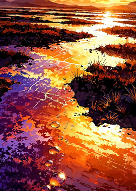 Sunset over marshland with reflections