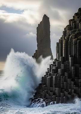 Dramatic wave crashing against basalt columns
