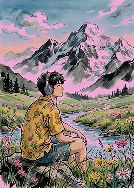 Young man listening to music in nature