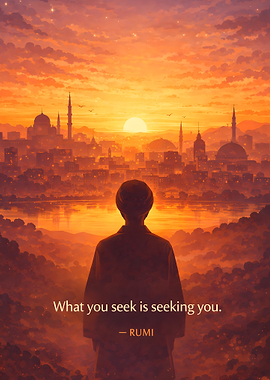 Rumi quote over a cityscape at sunset