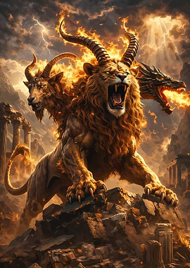 Mythical Chimera Creature in Fiery Landscape