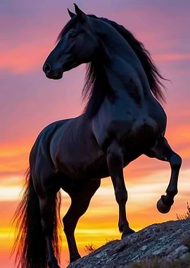 Majestic Black Horse at Sunset