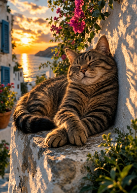 Cat sleeping at sunset by the sea