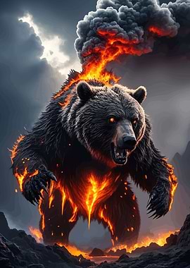 Fiery Bear Emerging from Smoke