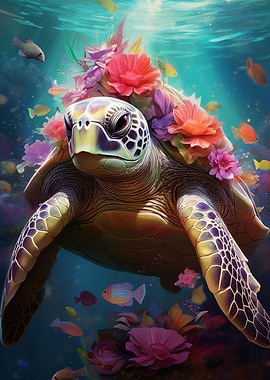 Sea Turtle with Flowers
