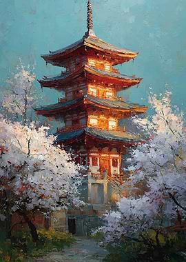 Pagoda Surrounded by Cherry Blossoms