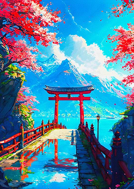 Japanese Torii Gate and Cherry Blossoms