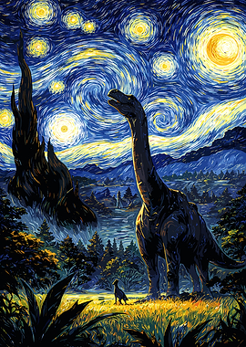 Dinosaur Under Starry Night