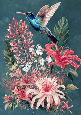 Hummingbird and Tropical Flowers