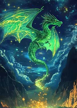 Green Dragon in a Starry Night Sky
