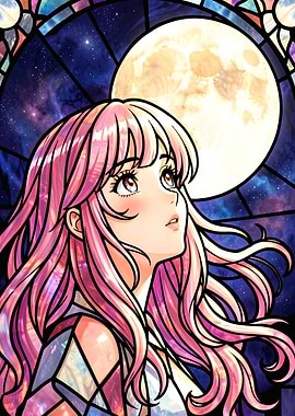 Stained Glass Anime Girl with Full Moon