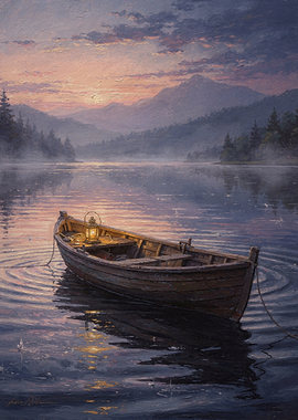 Tranquil Lake at Sunrise with Rowboat