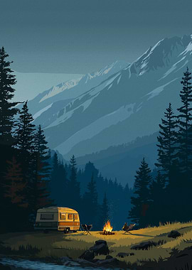 Mountain Camping Scene at Dusk