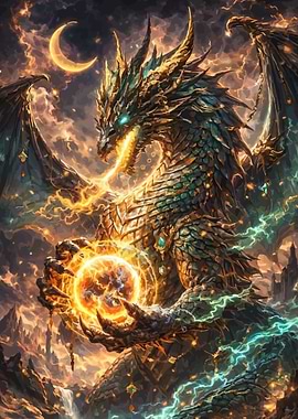 Dragon Holding a Fiery Orb