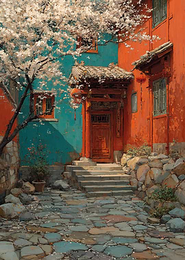 Traditional Asian Courtyard with Cherry Blossoms