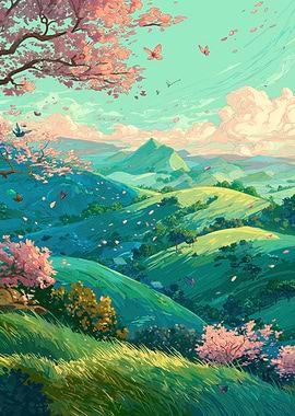 Serene Spring Landscape with Cherry Blossoms