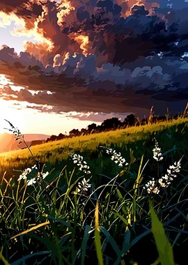 Dramatic Sunset Over Grassy Hillside