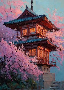 Pagoda Surrounded by Cherry Blossoms