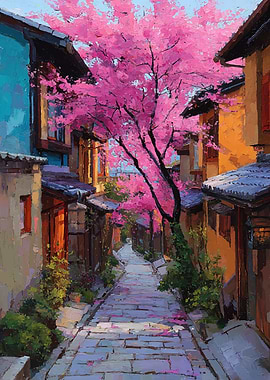 Cherry Blossoms Over Cobblestone Alley