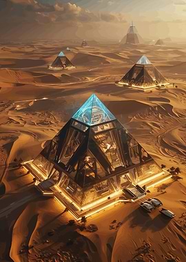 Futuristic Pyramids in Desert Landscape