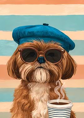 Shih Tzu Dog with Beret and Sunglasses