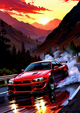 Red Sports Car Drifting at Sunset