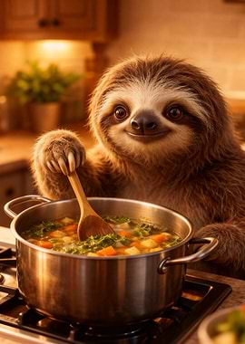Sloth cooking soup in kitchen