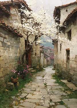 Village Alley with Blooming Tree