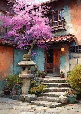 Japanese Courtyard with Cherry Blossoms