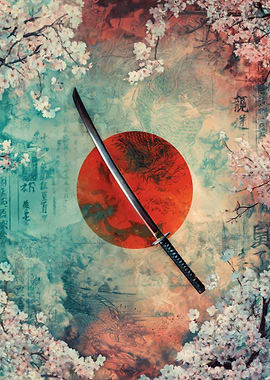 Japanese Katana with Cherry Blossoms and Sun