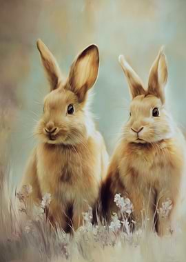 Two adorable bunnies in a field