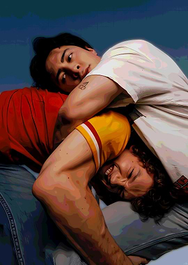 Two young men in a playful embrace