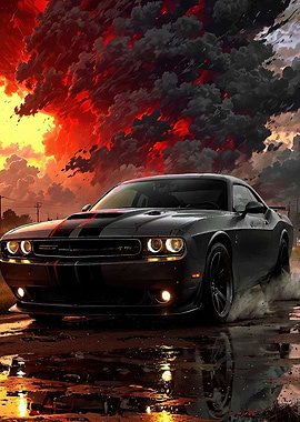 Dodge Challenger in Dramatic Sunset