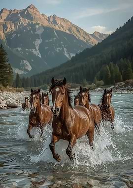 Horses running through a mountain river