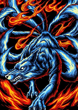 Blue Nine-Tailed Fox with Fire
