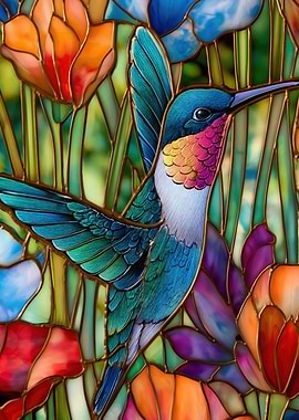 Stained Glass Hummingbird with Flowers
