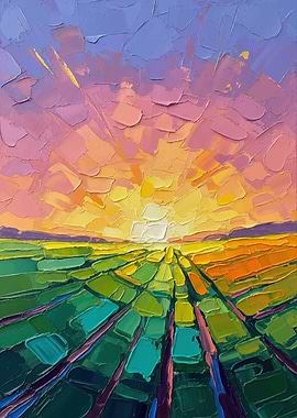 Impressionistic Sunrise Over Fields