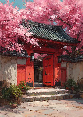 Japanese Gate Under Cherry Blossoms