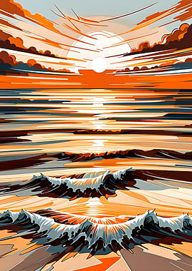 Stylized Sunset Over Ocean Waves
