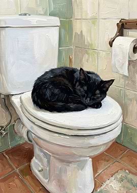 Black cat sleeping on a toilet lid