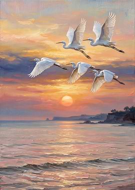 Egrets Flying Over Ocean Sunset