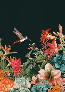 Hummingbird and Tropical Flowers