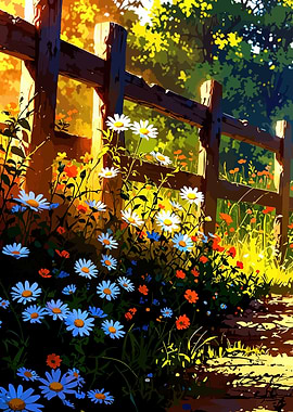 Sunny Meadow with Daisies and Fence