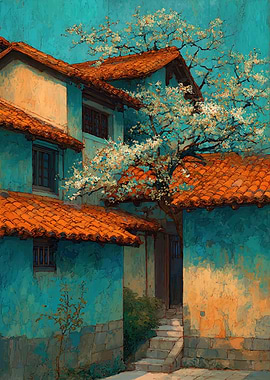Courtyard with Blooming Tree and Terracotta Roofs