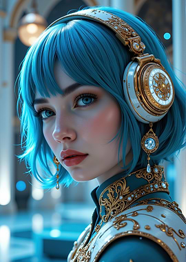 Blue-haired woman with ornate headphones