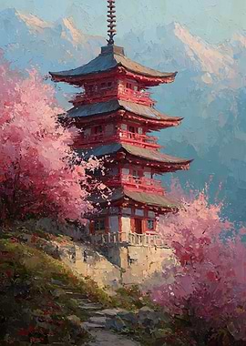 Pagoda Amidst Cherry Blossoms